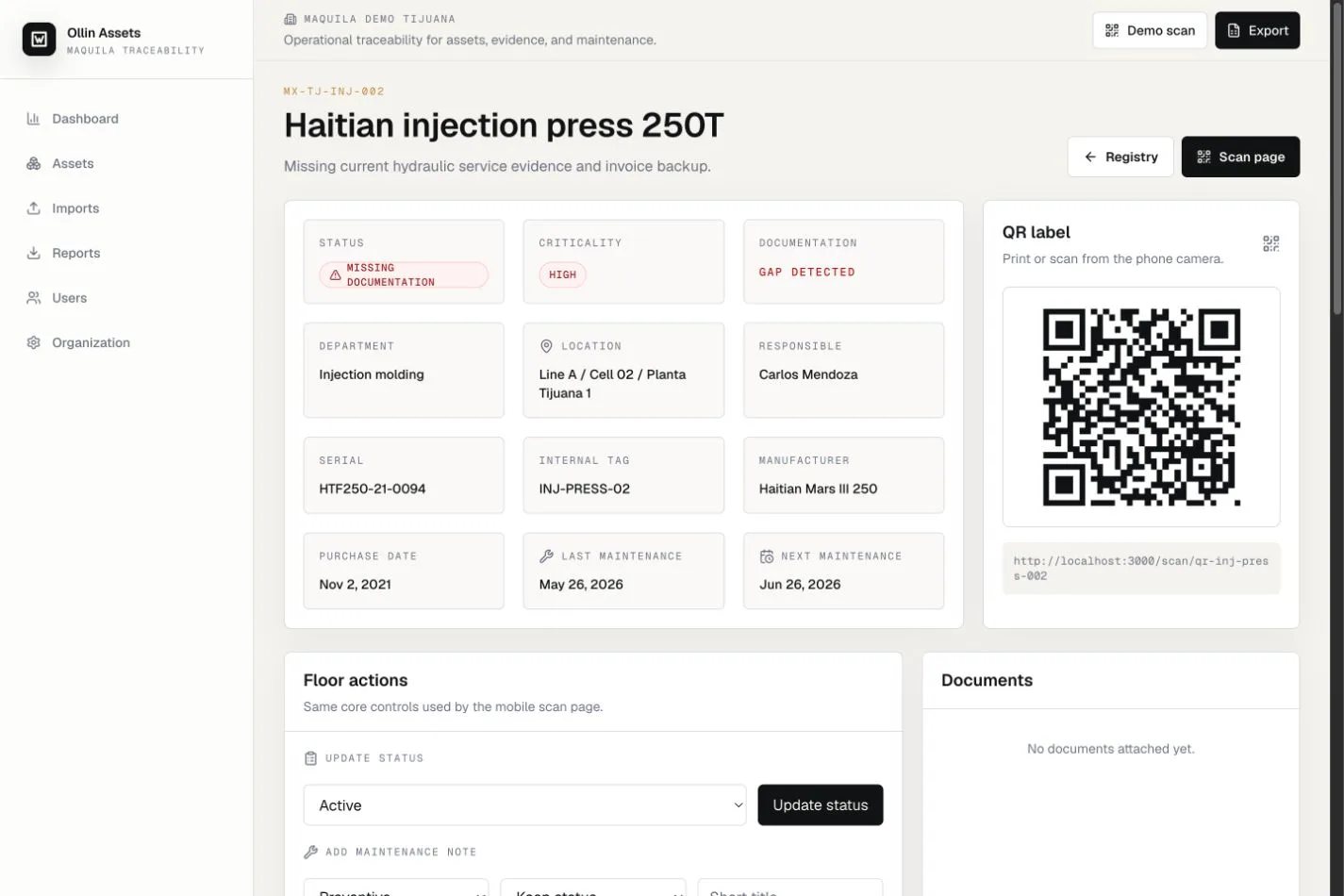 Ollin Assets detail page for a Haitian injection press showing structured asset fields and floor actions.
