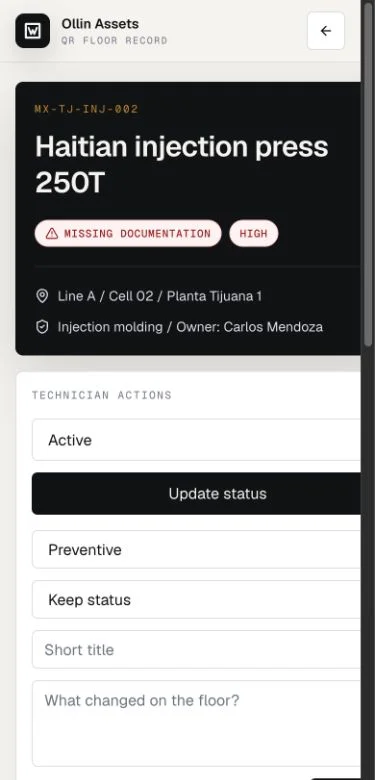 Mobile Ollin Assets QR record for a Haitian injection press with status and technician actions.